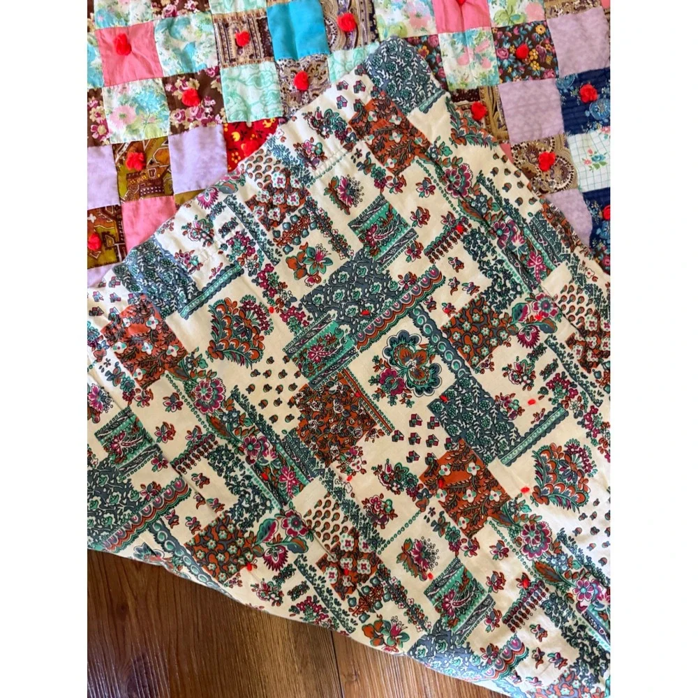 Vintage Handmade Patchwork Tied Quilt Multi-Color Floral Boho Throw 21x35